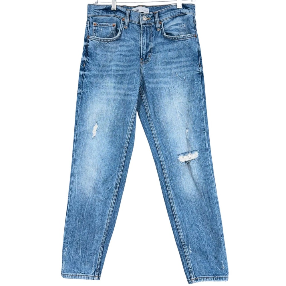 Zara Slim Boyfriend Jeans Womens 4 Valley Blue Distressed Denim Tapered Leg